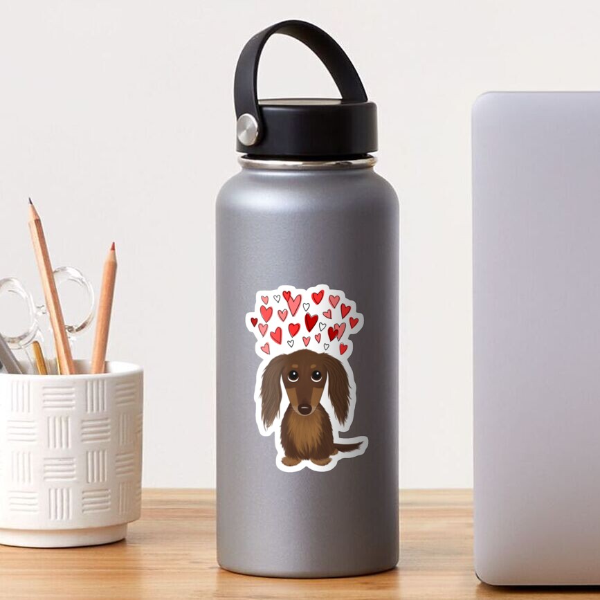 Longhaired Chocolate Dachshund Cartoon Dog with Valentine Hearts Sticker