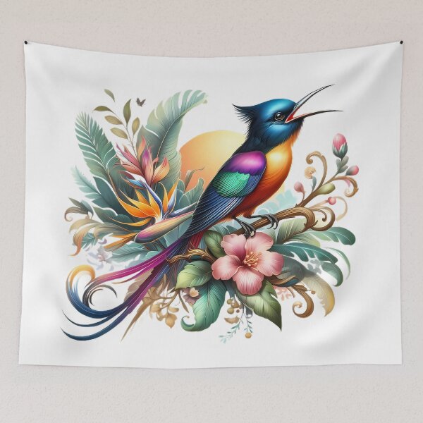 Item preview, A colorful bird of paradise sings on beautiful flowers designed and sold by CreativeSparkzz.
