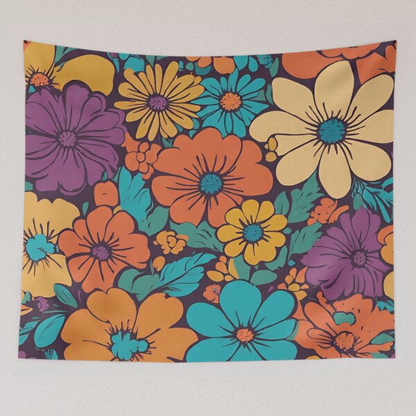 Artikelvorschau, Ästhetisches Blumenmuster im Retro-Stil der 60er und 70er Jahre in Regenbogenfarben entworfen und verkauft von Robertreitz.
