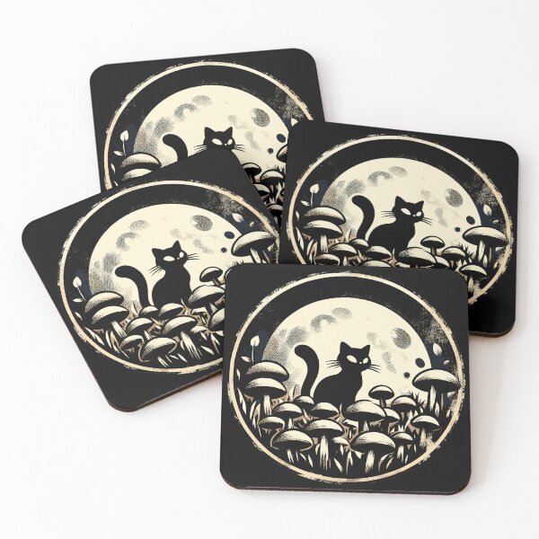Item preview, Vintage Black Cat in Mushroom Garden designed and sold by TomFrontierArt.