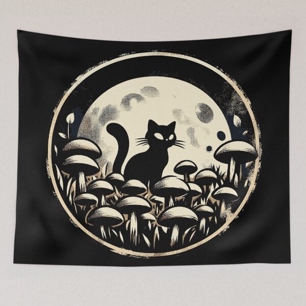 Item preview, Vintage Black Cat in Mushroom Garden designed and sold by TomFrontierArt.