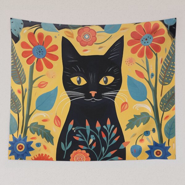 Item preview, Black Cat & Flowers Folk Art Graphic designed and sold by GrinGalore.