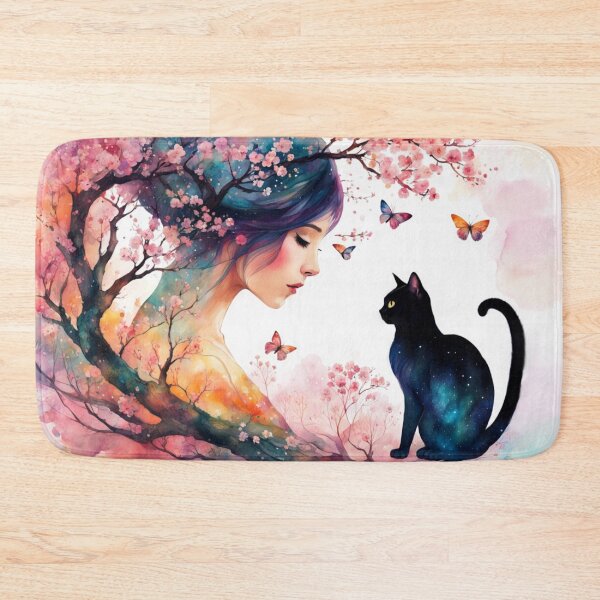 Item preview, Woman, cat, and blossoms designed and sold by YukiKenji.