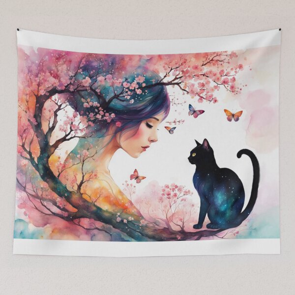 Item preview, Woman, cat, and blossoms designed and sold by YukiKenji.