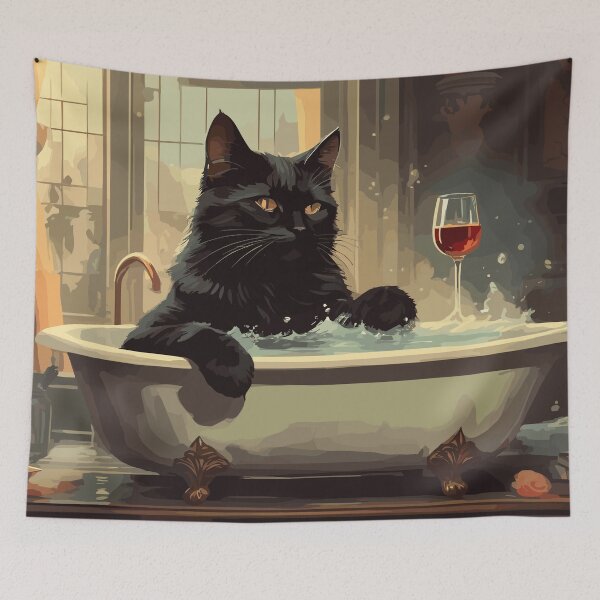 Item preview, Black cat in bath tub chilling with wine designed and sold by cutiepie11cats.