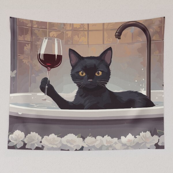 Item preview, Black cat in bath tub chilling with wine designed and sold by cutiepie11cats.