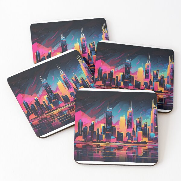 Item preview, Neon Mirage: Dusk's Reflection on Urban Infinity designed and sold by ArtComixHaven.