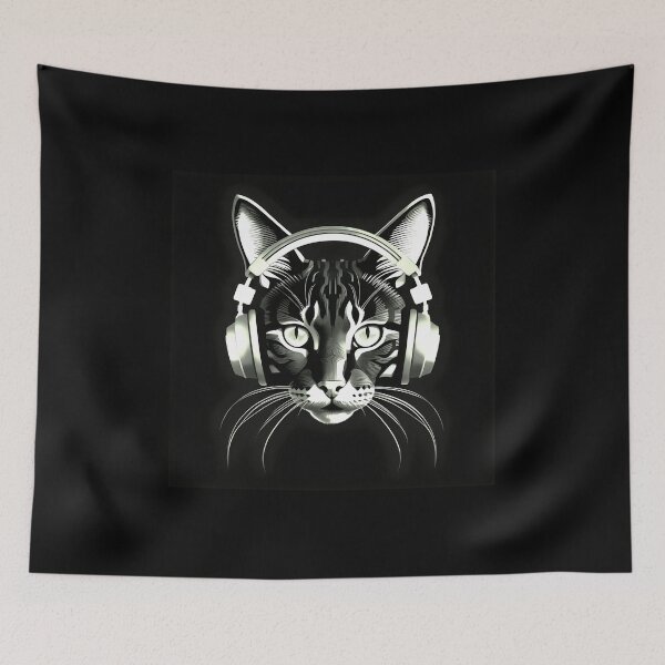 Item preview, Cat kitten with headphones - black and white designed and sold by Inspirationmotivation.