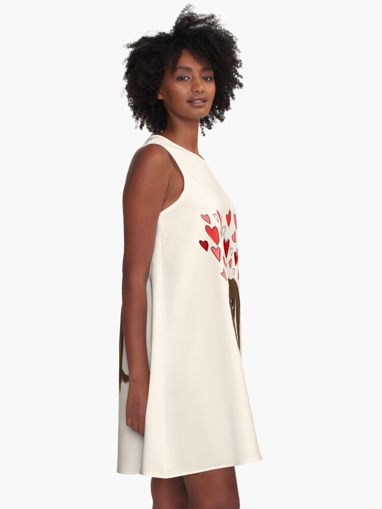 Alternate view of Longhaired Chocolate Dachshund Cartoon Dog with Valentine Hearts A-Line Dress
