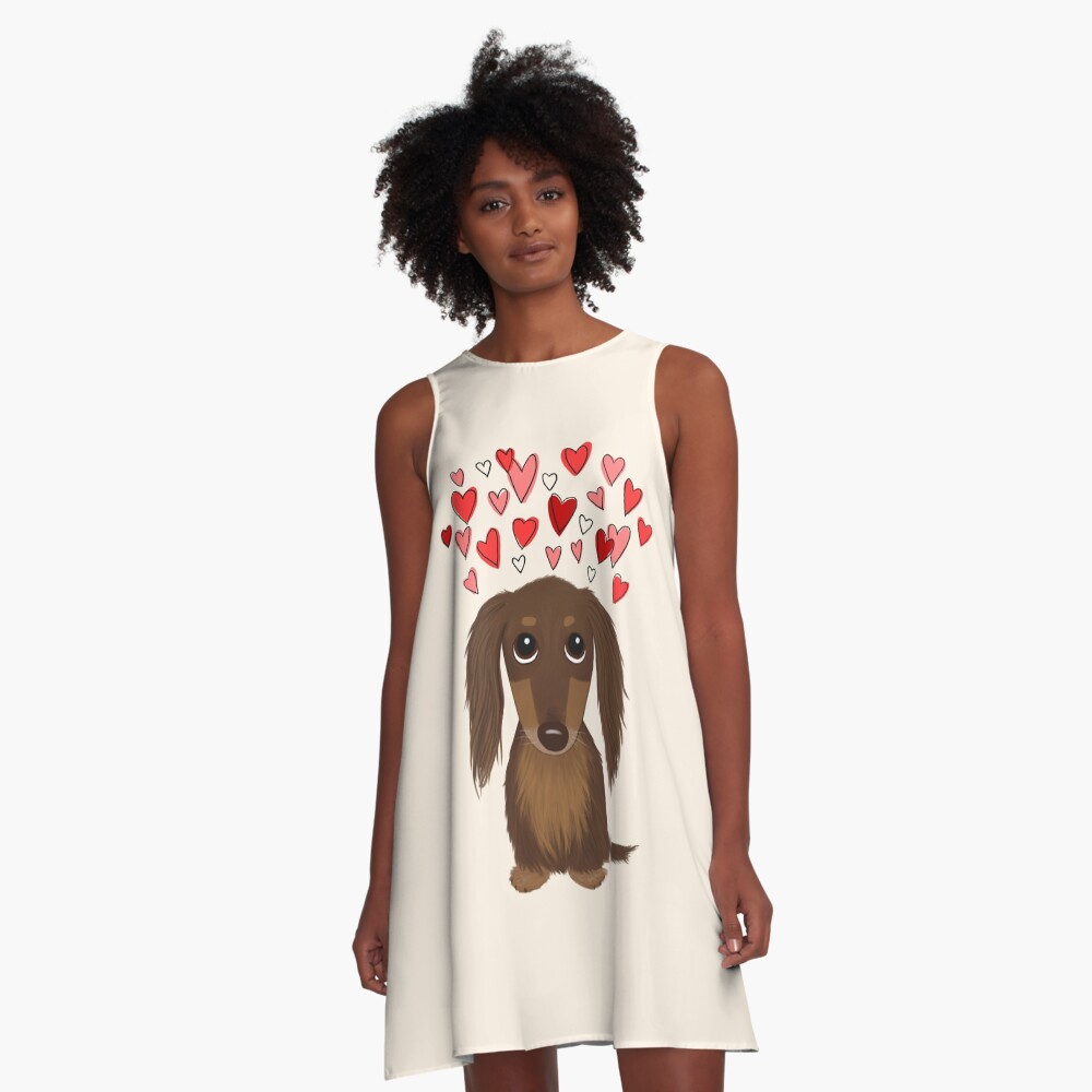 Longhaired Chocolate Dachshund Cartoon Dog with Valentine Hearts A-Line Dress