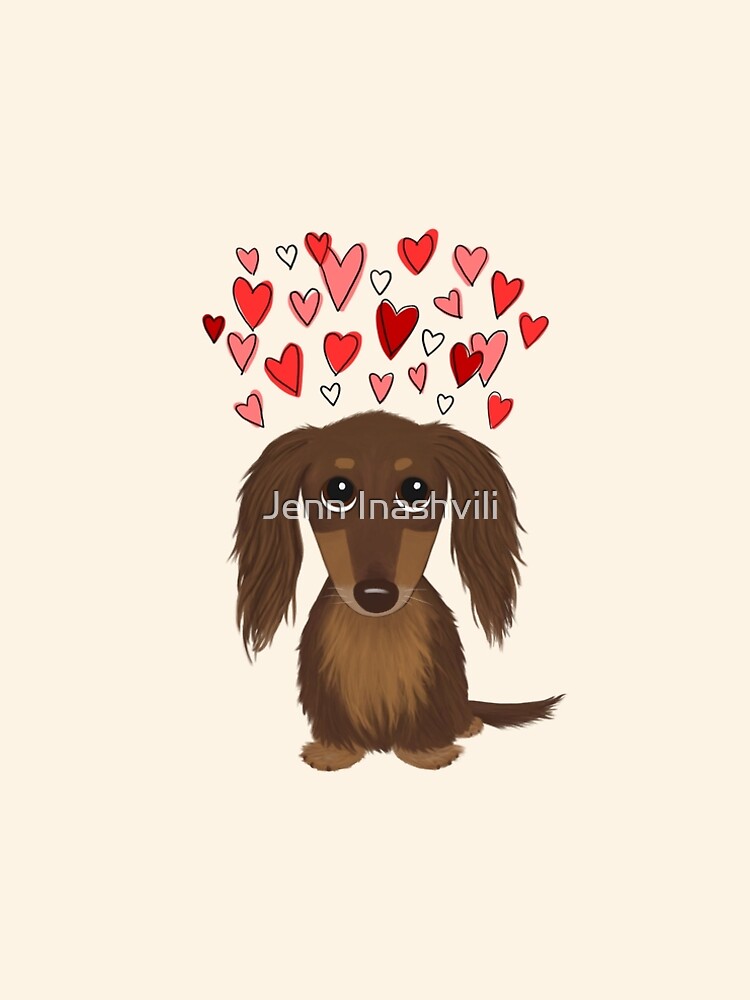 Longhaired Chocolate Dachshund Cartoon Dog with Valentine Hearts by ShortCoffee