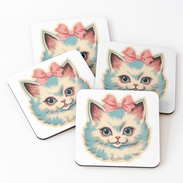 Item preview, Midcentury Kitsch White Cat with Pink Bow Illustration designed and sold by KitschNCountry.