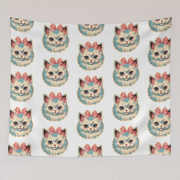 Item preview, Midcentury Kitsch White Cat with Pink Bow Illustration designed and sold by KitschNCountry.