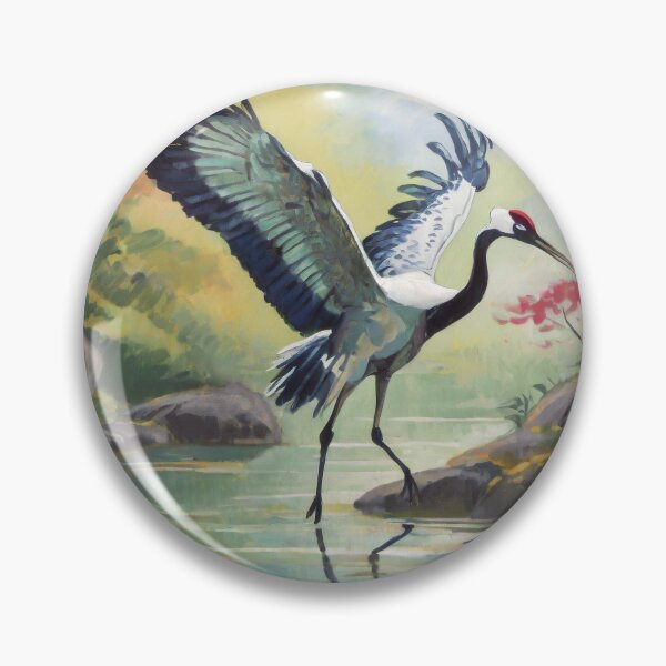 Item preview, Elegant Landing Crane in the Pond Japanese Painting Retro Vintage Art  designed and sold by TheKaiZenNi.