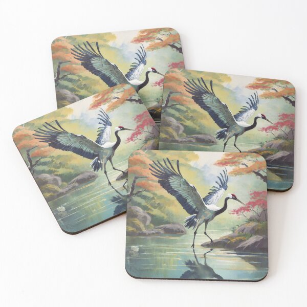 Item preview, Elegant Landing Crane in the Pond Japanese Painting Retro Vintage Art  designed and sold by TheKaiZenNi.