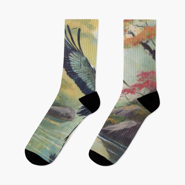 Item preview, Elegant Landing Crane in the Pond Japanese Painting Retro Vintage Art  designed and sold by TheKaiZenNi.