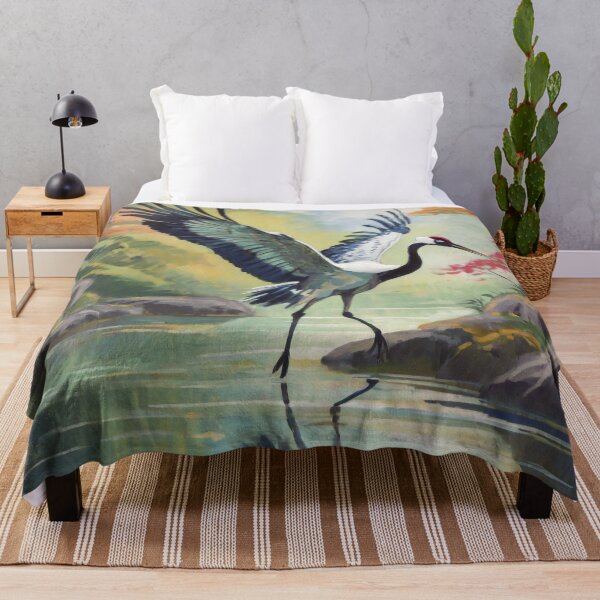 Item preview, Elegant Landing Crane in the Pond Japanese Painting Retro Vintage Art  designed and sold by TheKaiZenNi.