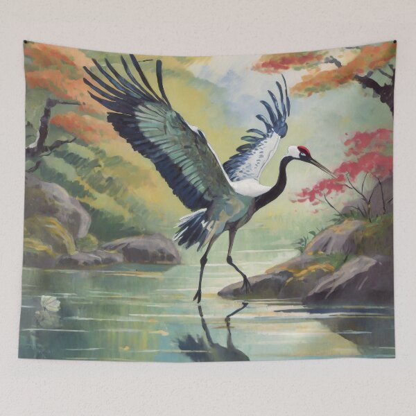 Item preview, Elegant Landing Crane in the Pond Japanese Painting Retro Vintage Art  designed and sold by TheKaiZenNi.