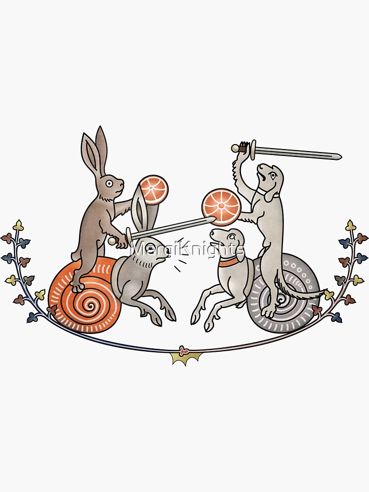 Thumbnail 3 of 3, Sticker, Medieval Marginalia Rabbits vs Dogs designed and sold by MargiKnights.