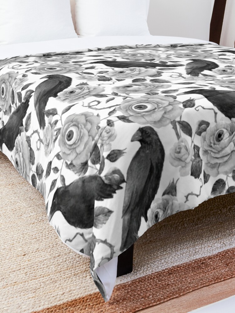 Alternate view of Edgar Allen Poe Nevermore Watercolor Black and White Ravens with Roses and Eyeballs Comforter