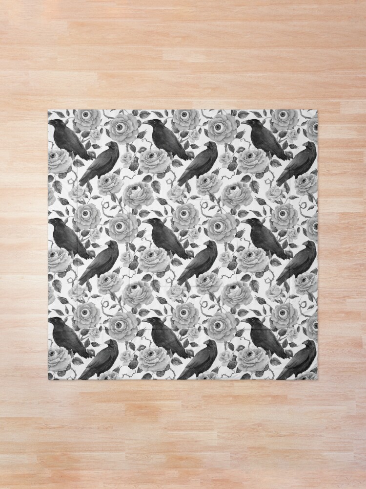 Alternate view of Edgar Allen Poe Nevermore Watercolor Black and White Ravens with Roses and Eyeballs Comforter
