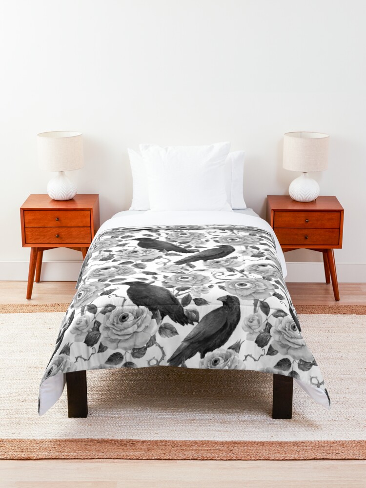 Alternate view of Edgar Allen Poe Nevermore Watercolor Black and White Ravens with Roses and Eyeballs Comforter