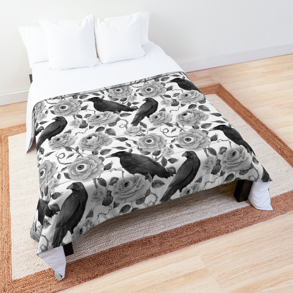 Edgar Allen Poe Nevermore Watercolor Black and White Ravens with Roses and Eyeballs Comforter