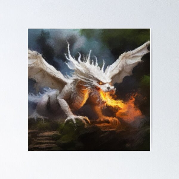 Item preview, Dragon Painting White Fire Breathing Dragon Digital Oil Painting Wall Art  designed and sold by Jay Scovel.