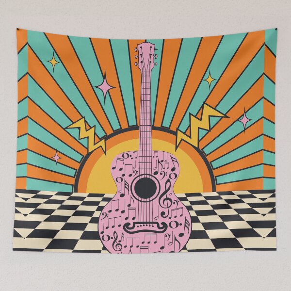 Item preview, Retro pink guitar on chess floor designed and sold by AnnArtshock.