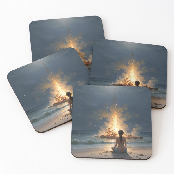 Item preview, Woman looking at fire on a deserted beach at night designed and sold by Mike Kiev art.
