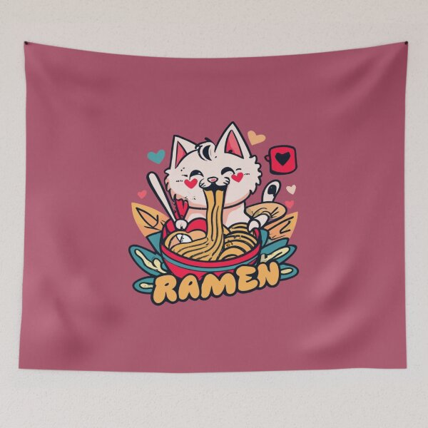 Item preview, Ramen kawaii cat eating noodle designed and sold by BlueGoldArt.