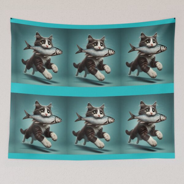 Item preview, cute cat with a fish designed and sold by sbrstore.