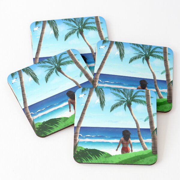 Item preview, sunny landscape tropical island coconut tree and girl in swimsuit walking towards the sea designed and sold by mtdessin.