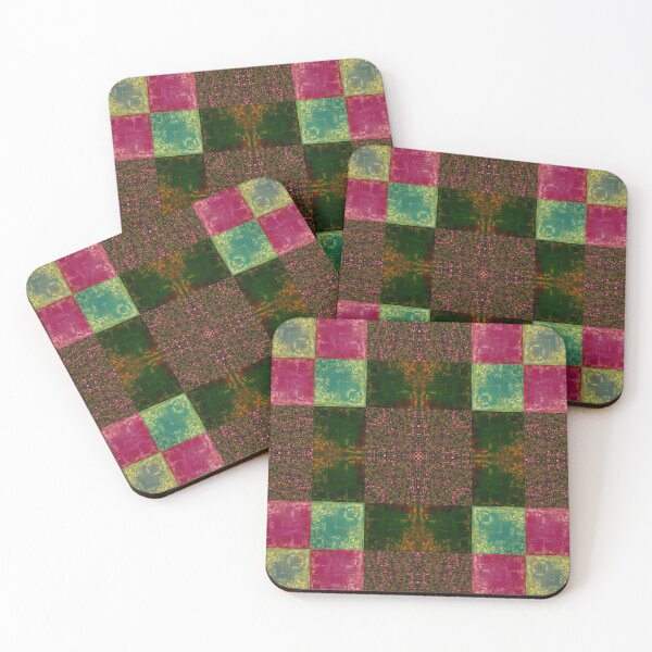 Item preview, velvet textured green pink olive squares patchwork pattern designed and sold by ArtistSunny.