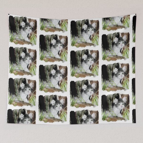Item preview, Cat gray and white in the stable painted in watercolor. designed and sold by CorneliaPilz.
