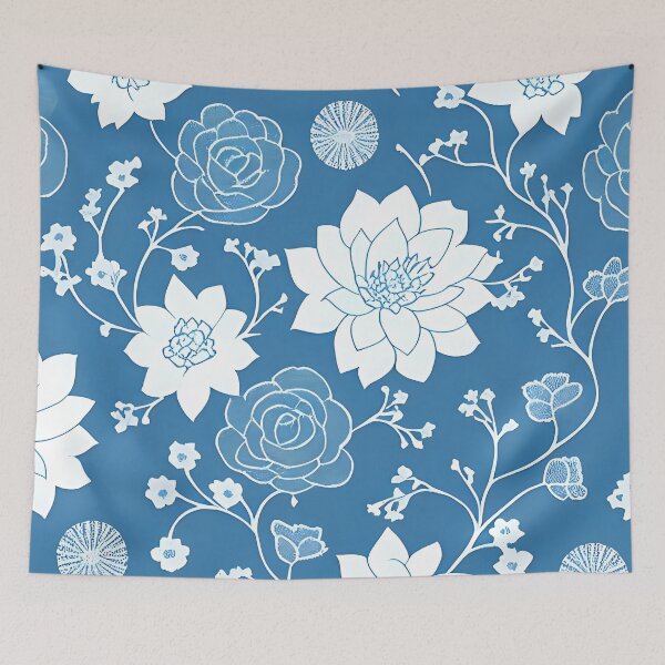 Item preview, White Floral Blossoms on Blue designed and sold by FriskyLemur.