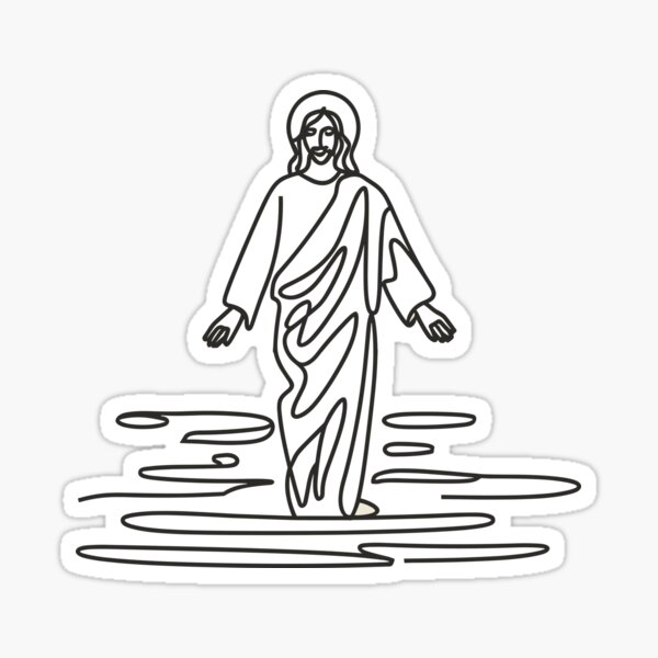 Aperçu de l'œuvre Jésus marche sur l’eau Impression artistique au trait minimaliste créée et vendue par HahaHandlesHub.