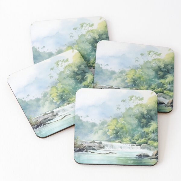 Item preview, Watercolor Tropical Jungle Landscape Painting with River designed and sold by AdamesArtStudio.