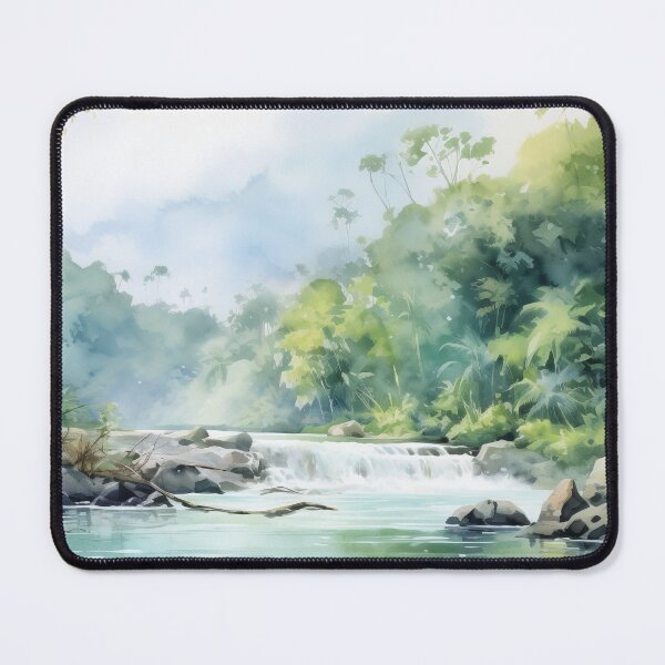 Item preview, Watercolor Tropical Jungle Landscape Painting with River designed and sold by AdamesArtStudio.
