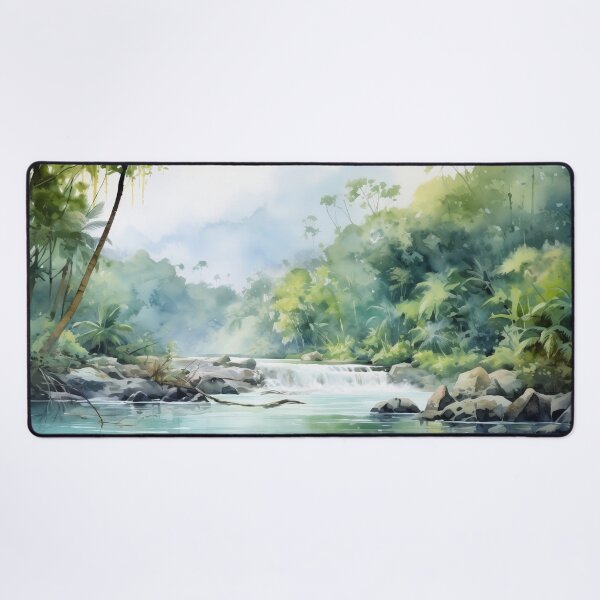 Item preview, Watercolor Tropical Jungle Landscape Painting with River designed and sold by AdamesArtStudio.