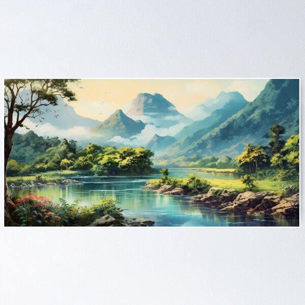 Item preview, Tropical Jungle Landscape Oil Painting with Mountains and River 2 designed and sold by AdamesArtStudio.