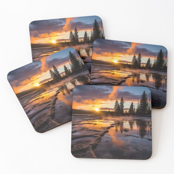 Item preview, Yellowstone park trees in lake at sunset in long exposure - Landscape photography designed and sold by TheArtistOf2022.