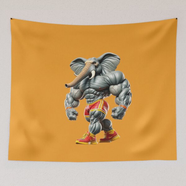 Item preview, Impressive Funny Elephant in Bodybuilder Pose Red Shorts with Yellow: Wild Force in Cartoon No. 12 designed and sold by Nathalymx.