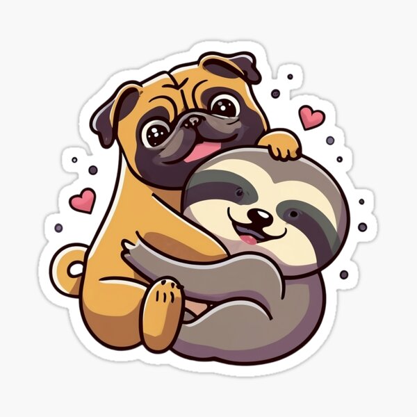 Aperçu de l'œuvre Amitié mignonne de paresseux et de chien pour les amoureux des carlins créée et vendue par Laugh-Lines.
