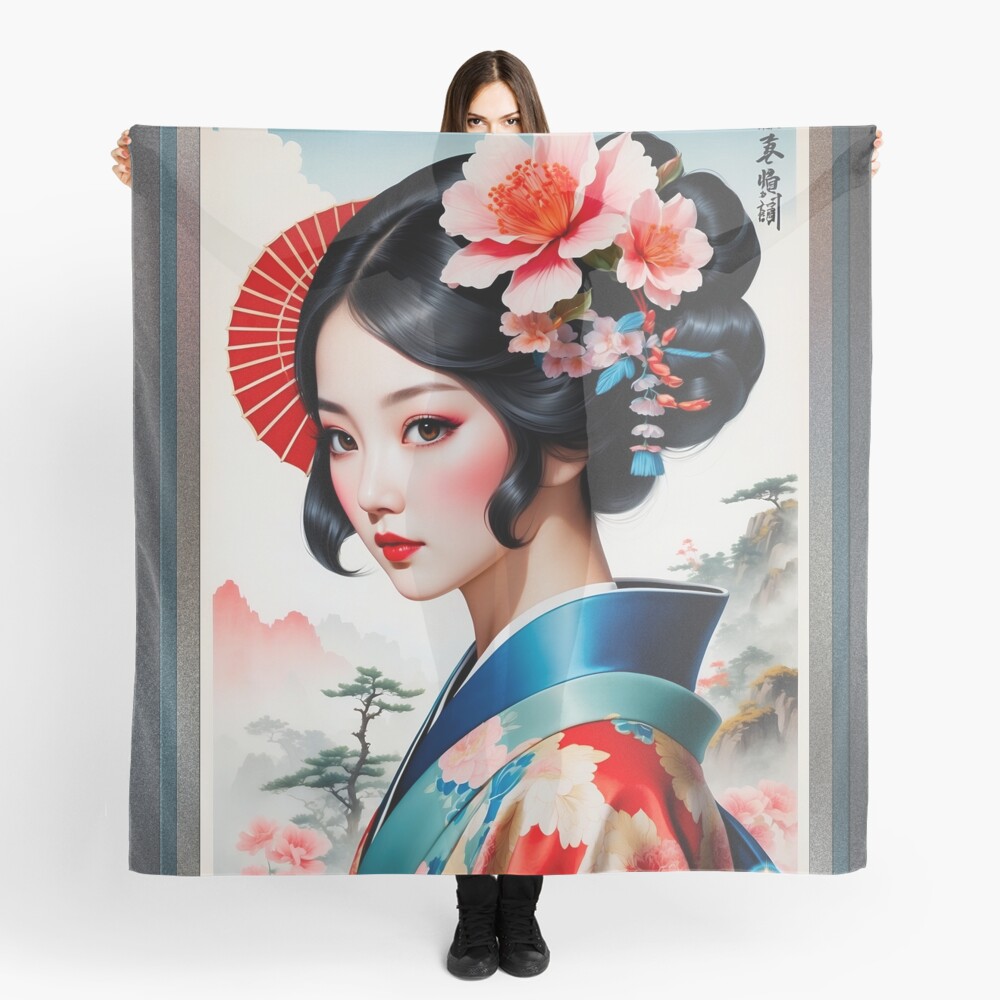 An Enchanting Flower Girl Of The Mountains Beautiful AI Concept Art Portrait by Xzendor7 Decorative Ladies Scarf Portrait Art Print
