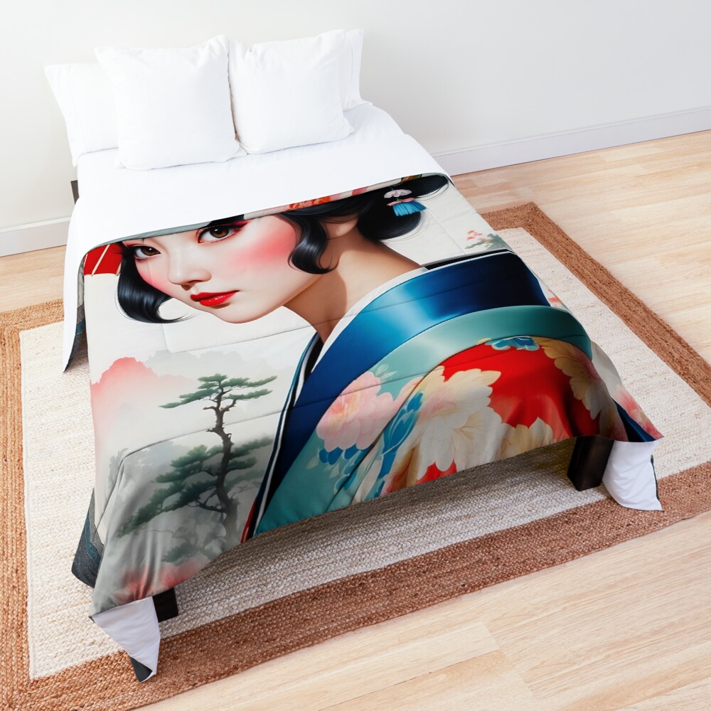 An Enchanting Flower Girl Of The Mountains Beautiful AI Concept Art Portrait by Xzendor7 Decorative Comforter Portrait Art Print