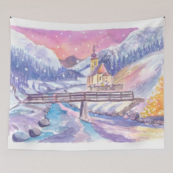 Item preview, Christmas Eve in Bavarian Alps with Church and Snowfall in Ramsau designed and sold by artshop77.