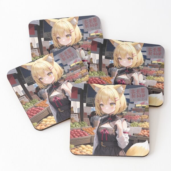 Item preview, Anime small girl with foxy ears and tail in food market art designed and sold by TheArtistOf2022.