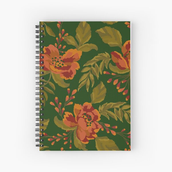 Copy of Festive Gouache Peonies in Peach, Burgundy and Orange on Emerald Green Background Spiral Notebook