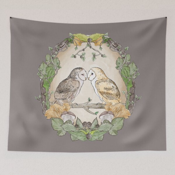 Item preview, Watercolor Barn Owls in a Forest Plants and Fungi Mushroom Frame designed and sold by Limolida.